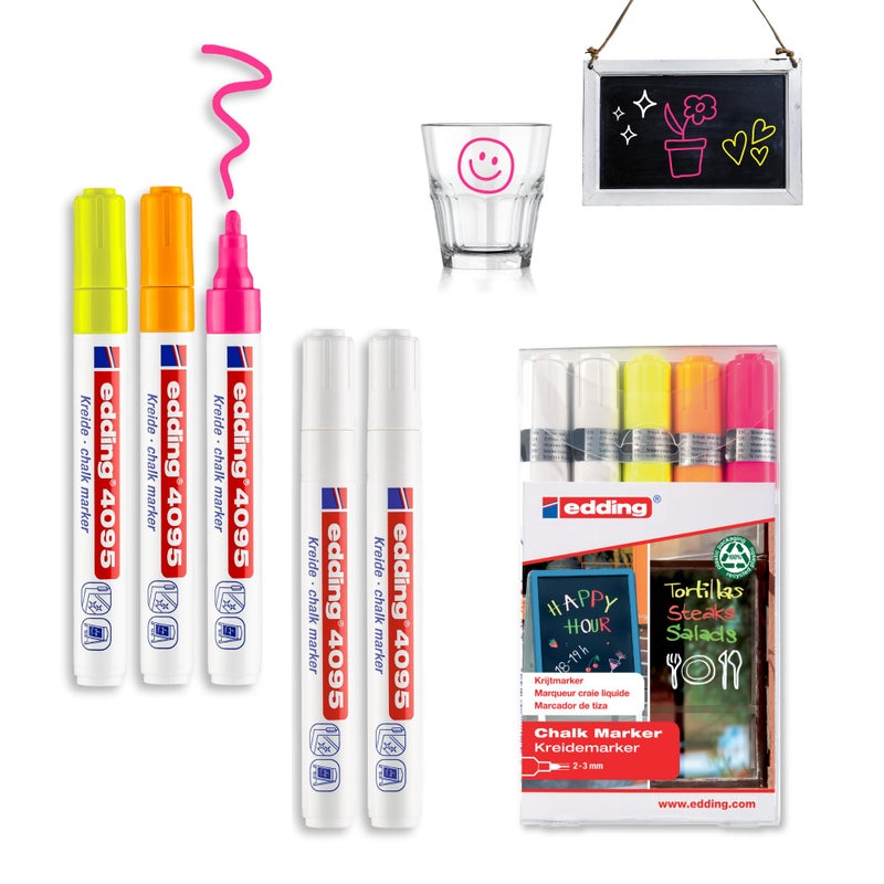 edding 4095 Set-White (2X), Yellow, Orange, Pink Round Nib 2-3 mm-Wet Wipe chalkboards, Windows, Glass, Mirrors-Liquid Chalk Marker Opaque Coverage, 5 pen, 21: Set of 5-Multi-Coloured - Image 1